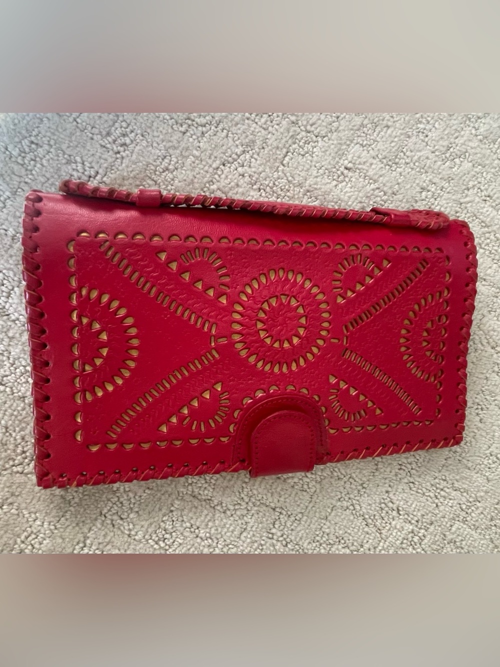 Cleobella Mexicana Hand-Tooled Red Leather Wallet Clutch Boho